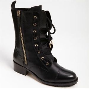 Valentino leather ruffle combat boot